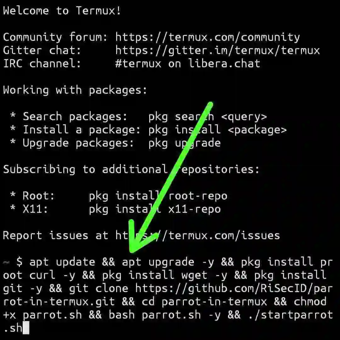 Parrot OS in Termux Parrot OS one line command
