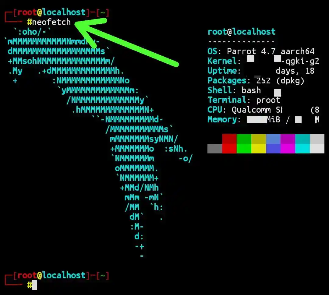 Parrot OS in Termux Parrot OS neofetch