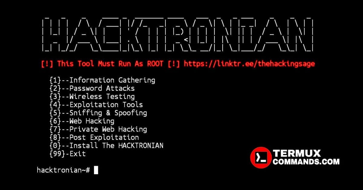 Hacktronian Termux toolkit installation and usage commands