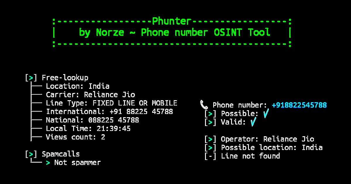 Phunter tool phone number information gathering
